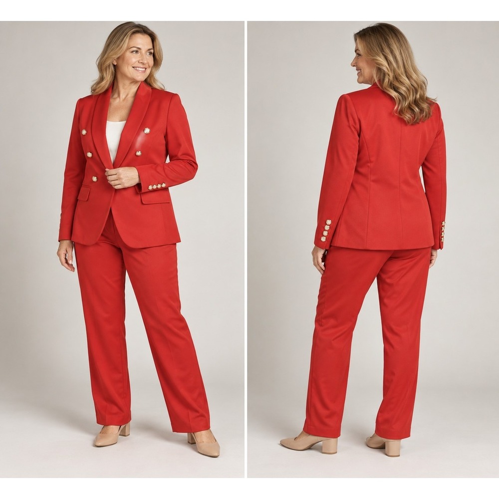 Womens L Red 2 Piece Pantsuit Gold Button Blazer Elastic Waist Pants Power Suit